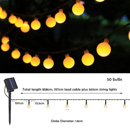 Brilagi - Guirnalda solar LED decorativa BUBBLE, 50 LEDs/8 funciones, 7 m, IP65, blanco cálido, 600 mAh