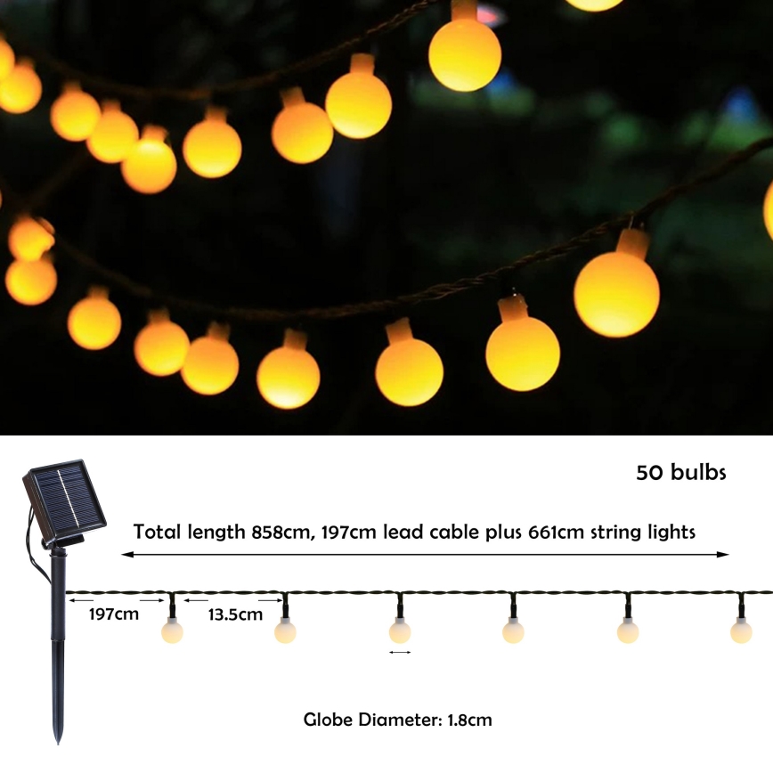 Brilagi - Guirnalda solar LED decorativa BUBBLE, 50 LEDs/8 funciones, 7 m, IP65, blanco cálido, 600 mAh