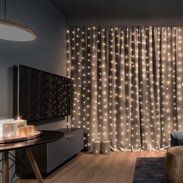 Brilagi - Cortina de luces LED navideñas 300xLED/8 funciones/3xAA/USB 1,2m blanco cálido