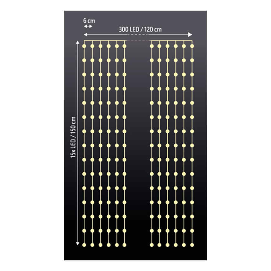 Brilagi - Cortina LED de Navidad 300 LEDs/8 funciones/3 pilas AA/USB 1,2 m blanco cálido