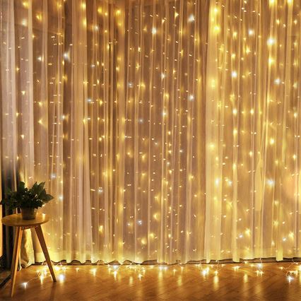 Brilagi - Cortina de luces LED navideñas 300xLED/8 funciones/3xAA/USB 1,2m blanco cálido