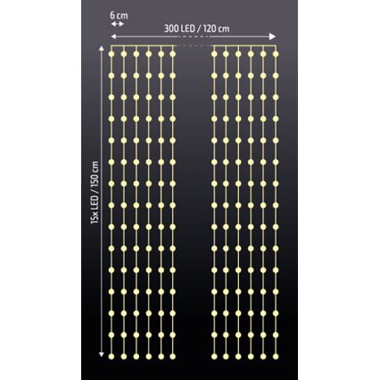 Brilagi - Cortina de luces LED navideñas 300xLED/8 funciones/3xAA/USB 1,2m blanco cálido