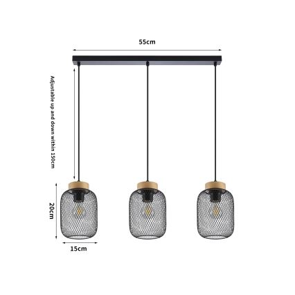 Brilagi - Lámpara colgante con cable BASKLITE 3xE27/15W/230V madera de caucho/negro