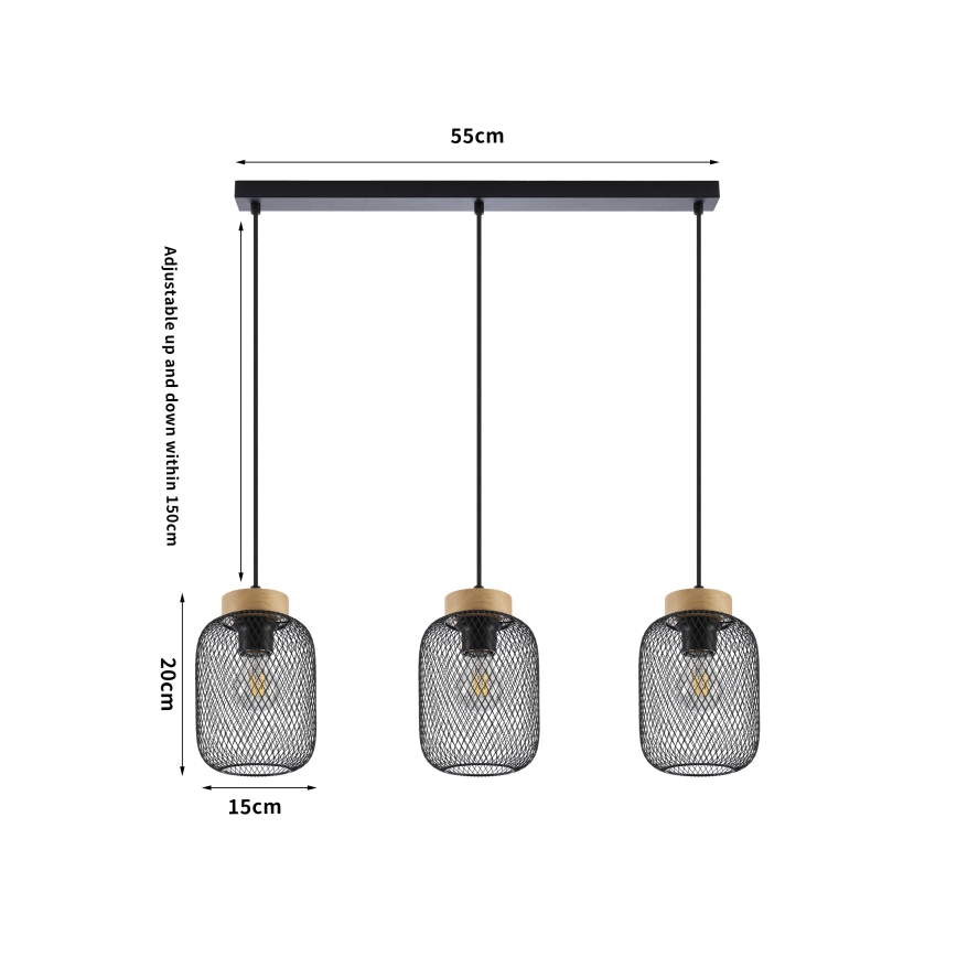 Brilagi - Lámpara colgante con cable BASKLITE 3xE27/15W/230V madera de caucho/negro