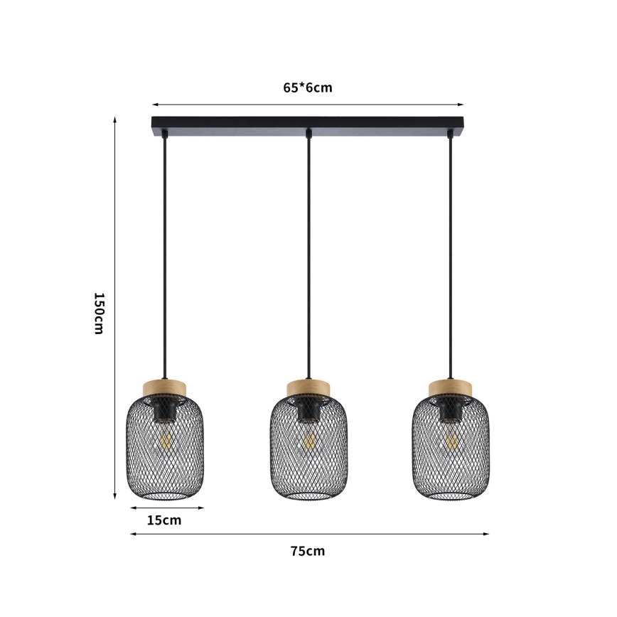 Brilagi - Lámpara colgante con cable BASKLITE 3xE27/15W/230V madera/negro