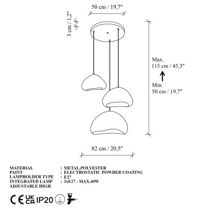 Brilagi - Lámpara colgante con cable LORA 3xE27/40W/230V Ø 82 cm blanca