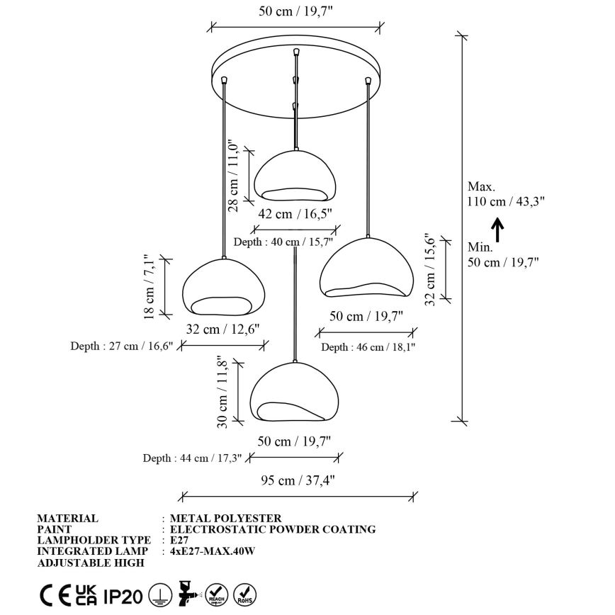 Brilagi - Lámpara colgante con cable LOVAL 4xE27/40W/230V Ø 95 cm blanca