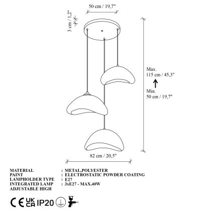 Brilagi - Lámpara colgante con cable LUNA 3xE27/40W/230V, Ø 82 cm, blanca