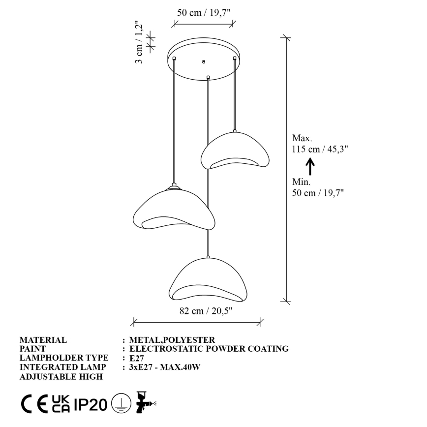 Brilagi - Lámpara colgante con cable LUNA 3xE27/40W/230V, Ø 82 cm, blanca