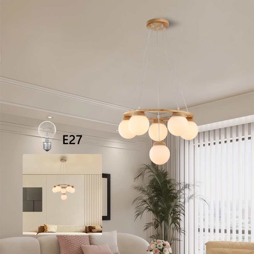 Brilagi - Lámpara colgante con cable VISBY WOOD 6xE27/60W/230V Ø 58 cm de madera