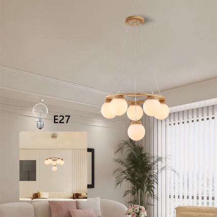 Brilagi - Lámpara colgante con cable VISBY WOOD 6xE27/60W/230V Ø 58 cm, madera de caucho