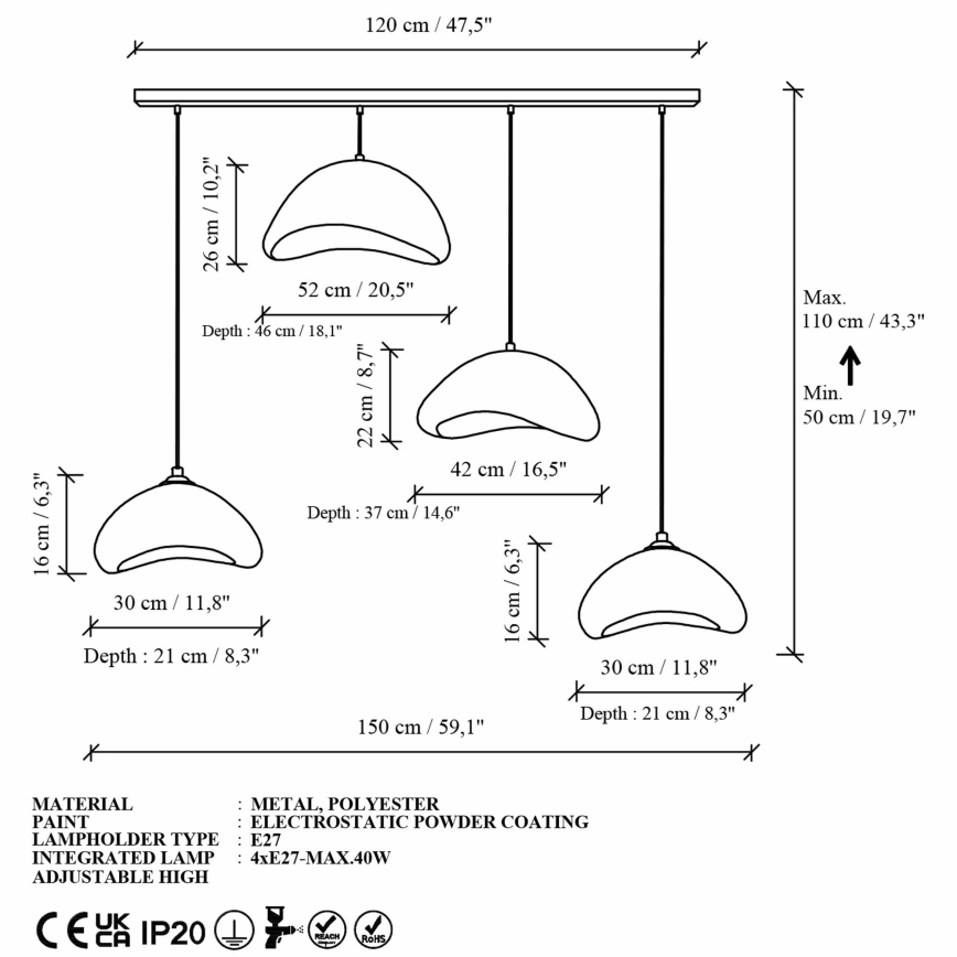 Brilagi - Lámpara colgante con cable WABI SABI 4xE27/40W/230V blanca