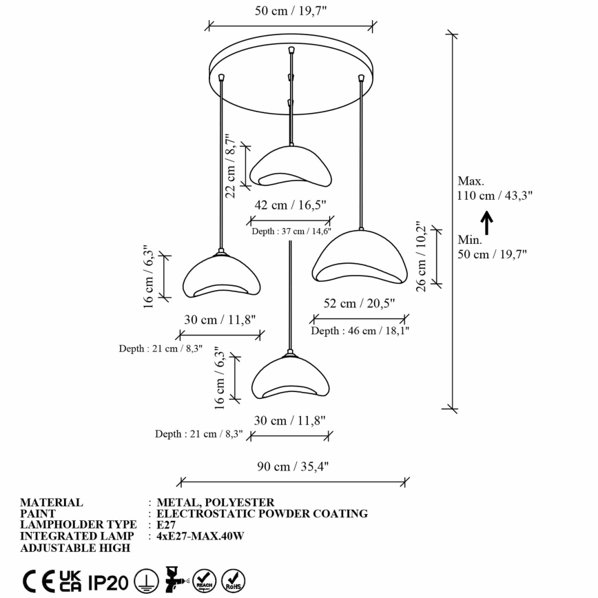 Brilagi - Lámpara colgante con cable WABI SABI 4xE27/40W/230V Ø 90 cm blanca