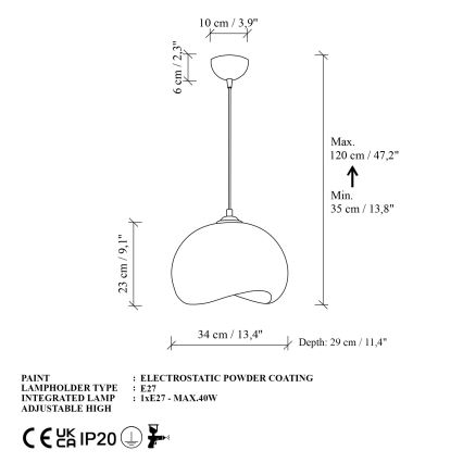 Brilagi - Lámpara colgante con cable YONTU 1xE27/40W/230V diámetro 34 cm blanca