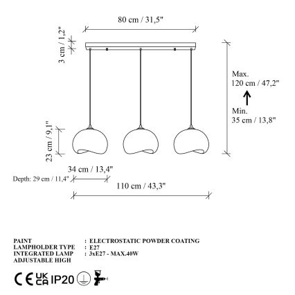 Brilagi - Lámpara colgante con cable YONTU 3xE27/40W/230V blanca