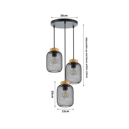Brilagi - Lámpara colgante de cable BASKLITE 3xE27/15W/230V madera de caucho/negro