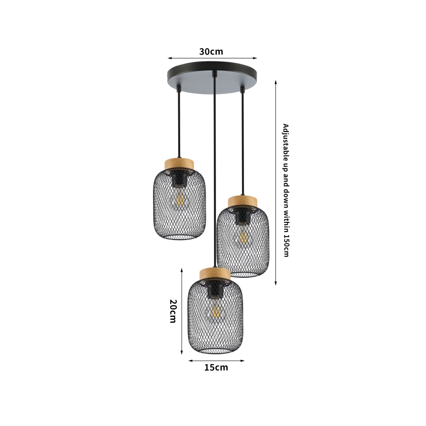 Brilagi - Lámpara colgante de cable BASKLITE 3xE27/15W/230V madera de caucho/negro