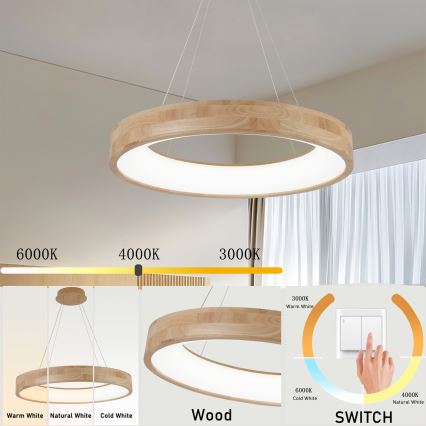 Brilagi - Lámpara colgante LED suspendida por cable FALCON WOOD, 40 W, 230 V, 3000/4000/6000 K, Ø 60 cm, madera