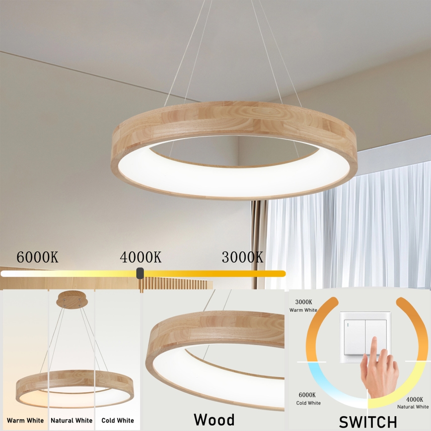 Brilagi - Lámpara colgante LED suspendida por cable FALCON WOOD, 40 W, 230 V, 3000/4000/6000 K, Ø 60 cm, madera