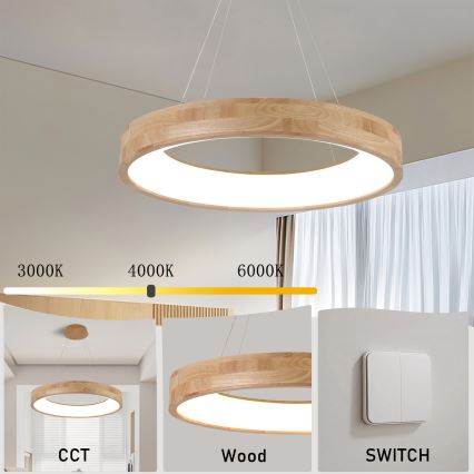 Brilagi - Lámpara colgante LED suspendida por cable FALCON WOOD, 40 W, 230 V, 3000/4000/6000 K, Ø 60 cm, madera