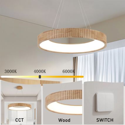Brilagi - Lámpara colgante LED suspendida por cable FALCON WOOD MODERN LED/40W/230V 3000/4000/6000K, diámetro 60 cm, acabado en madera