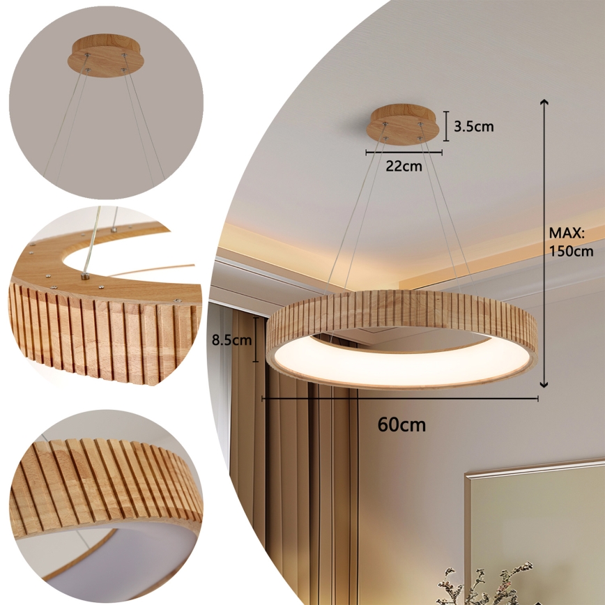 Brilagi - Lámpara colgante LED suspendida por cable FALCON WOOD MODERN LED/40W/230V 3000/4000/6000K, diámetro 60 cm, acabado en madera