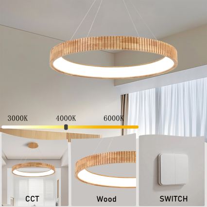 Brilagi - Lámpara colgante LED con cable FALCON WOOD MODERN LED/60W/230V 3000/4000/6000K Ø 80 cm madera