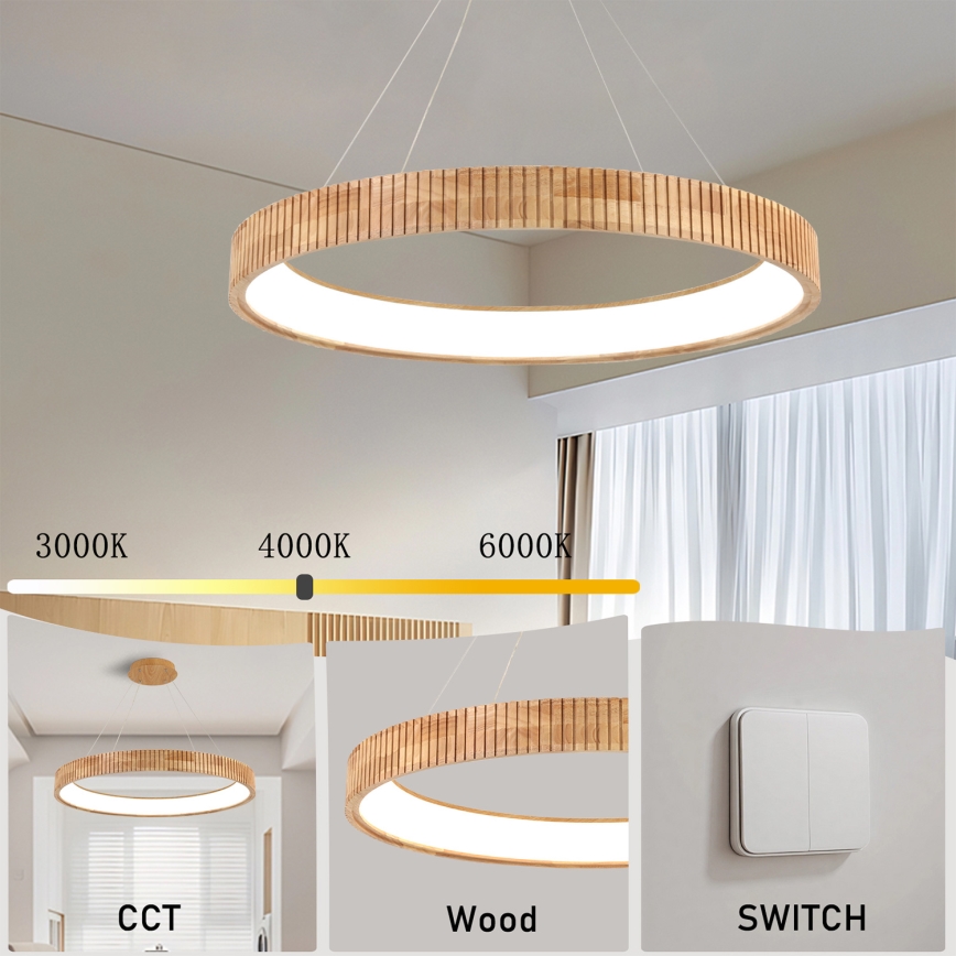 Brilagi - Lámpara colgante LED con cable FALCON WOOD MODERN LED/60W/230V 3000/4000/6000K Ø 80 cm madera