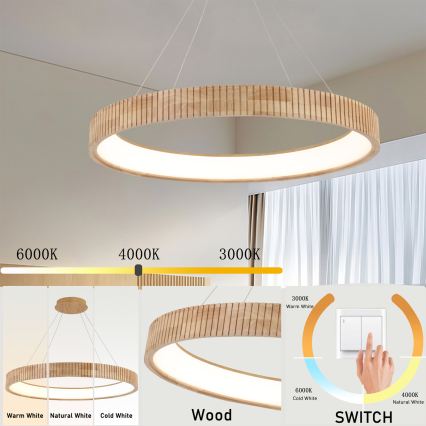 Brilagi - Lámpara colgante LED con cable FALCON WOOD MODERN LED/60W/230V 3000/4000/6000K Ø 80 cm madera