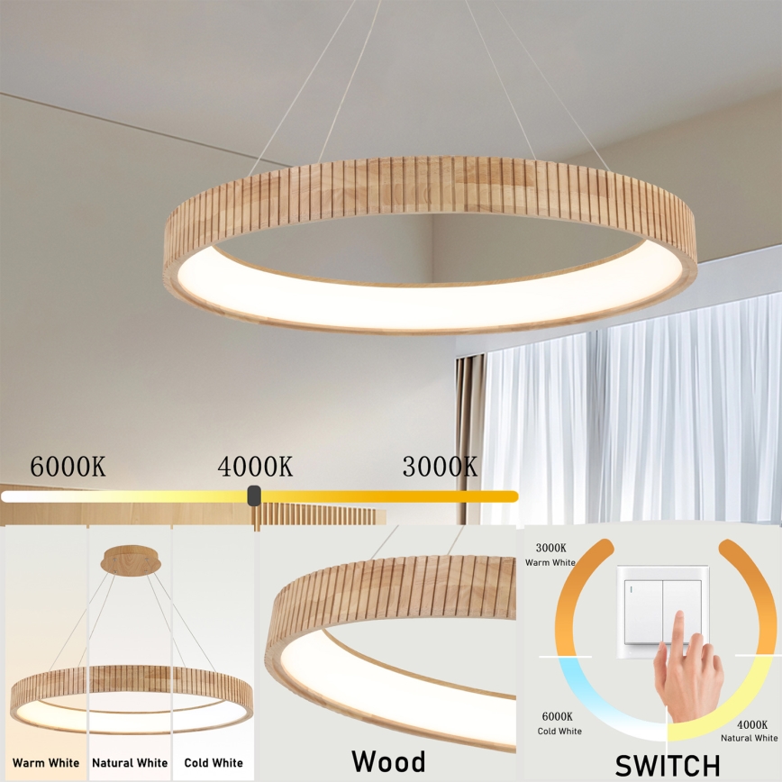 Brilagi - Lámpara colgante LED con cable FALCON WOOD MODERN LED/60W/230V 3000/4000/6000K Ø 80 cm madera