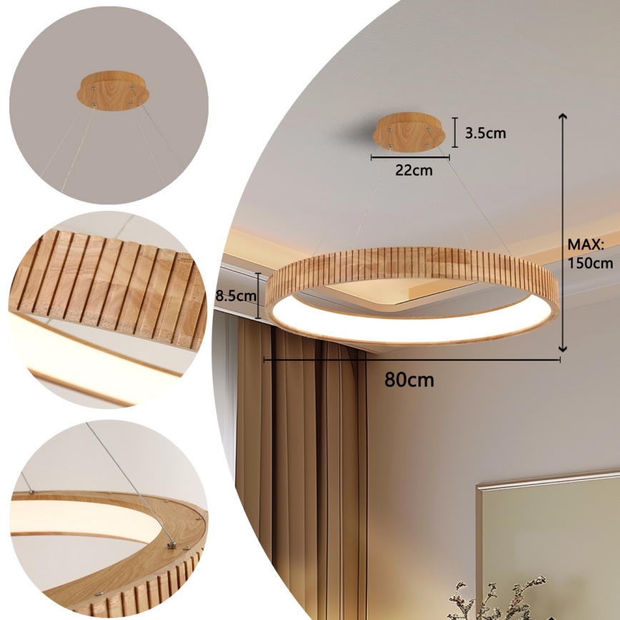 Brilagi - Lámpara colgante LED con cable FALCON WOOD MODERN LED/60W/230V 3000/4000/6000K Ø 80 cm madera