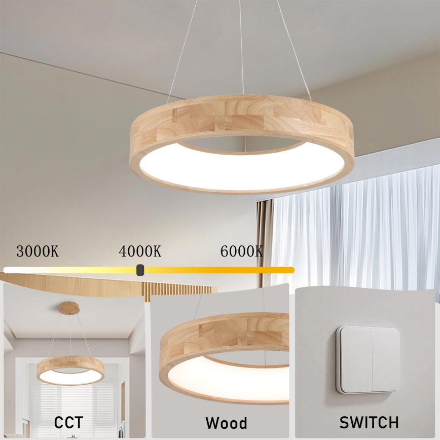 Brilagi - Lámpara colgante LED suspendida por cable FALCON WOOD LED/30W/230V 3000/4000/6000K, Ø 45 cm, madera