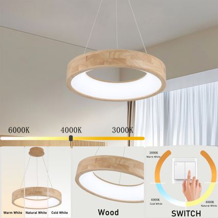 Brilagi - Lámpara colgante LED suspendida por cable FALCON WOOD LED/30W/230V 3000/4000/6000K, Ø 45 cm, madera