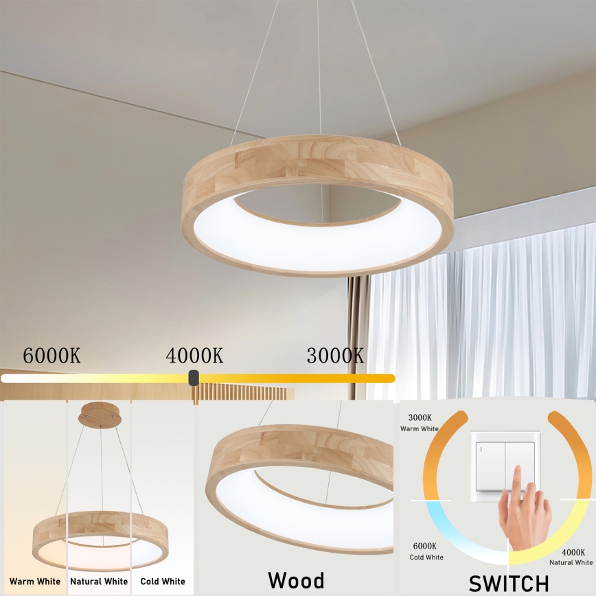 Brilagi - Lámpara colgante LED suspendida por cable FALCON WOOD LED/30W/230V 3000/4000/6000K, Ø 45 cm, madera