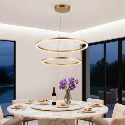 Brilagi - Lámpara colgante LED regulable PORTOFINO sobre cable, 98 W, 230 V, temperatura de color 3000–6000 K, diámetro 80 cm, acabado dorado + mando a distancia