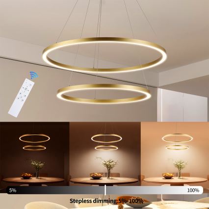 Brilagi - Lámpara colgante LED regulable PORTOFINO sobre cable, 98 W, 230 V, temperatura de color 3000–6000 K, diámetro 80 cm, acabado dorado + mando a distancia