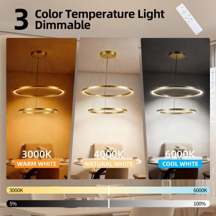 Brilagi - Lámpara colgante LED regulable PORTOFINO sobre cable, 98 W, 230 V, temperatura de color 3000–6000 K, diámetro 80 cm, acabado dorado + mando a distancia
