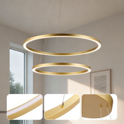Brilagi - Lámpara colgante LED regulable PORTOFINO sobre cable, 98 W, 230 V, temperatura de color 3000–6000 K, diámetro 80 cm, acabado dorado + mando a distancia