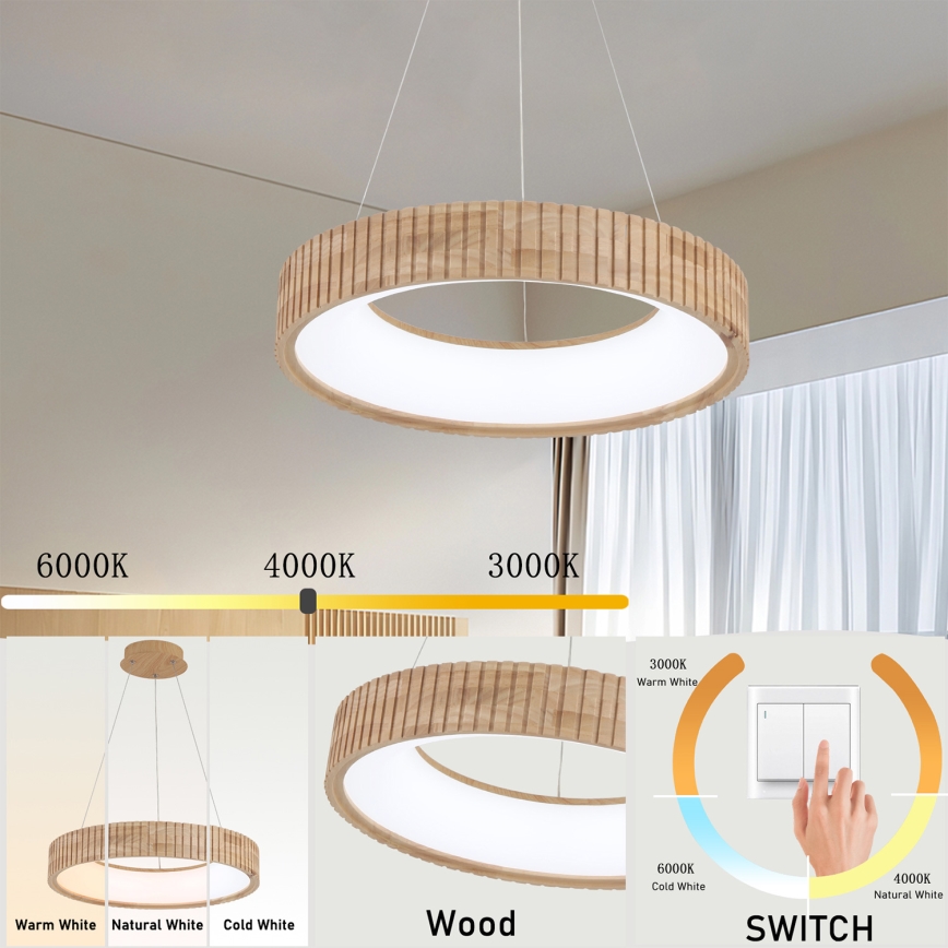 Brilagi - Lámpara colgante LED con cable FALCON WOOD MODERN LED/30W/230V 3000/4000/6000K Ø 45 cm madera