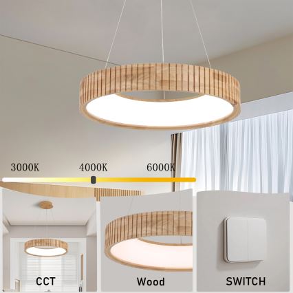 Brilagi - Lámpara colgante LED con cable FALCON WOOD MODERN LED/30W/230V 3000/4000/6000K Ø 45 cm madera