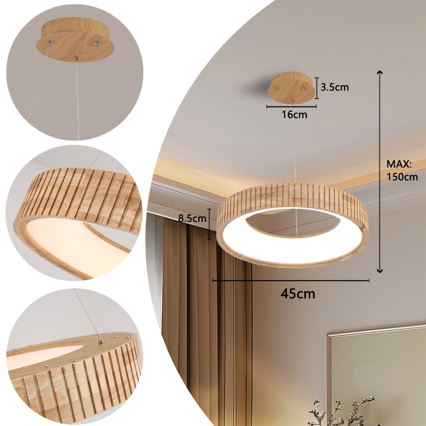 Brilagi - Lámpara colgante LED con cable FALCON WOOD MODERN LED/30W/230V 3000/4000/6000K Ø 45 cm madera