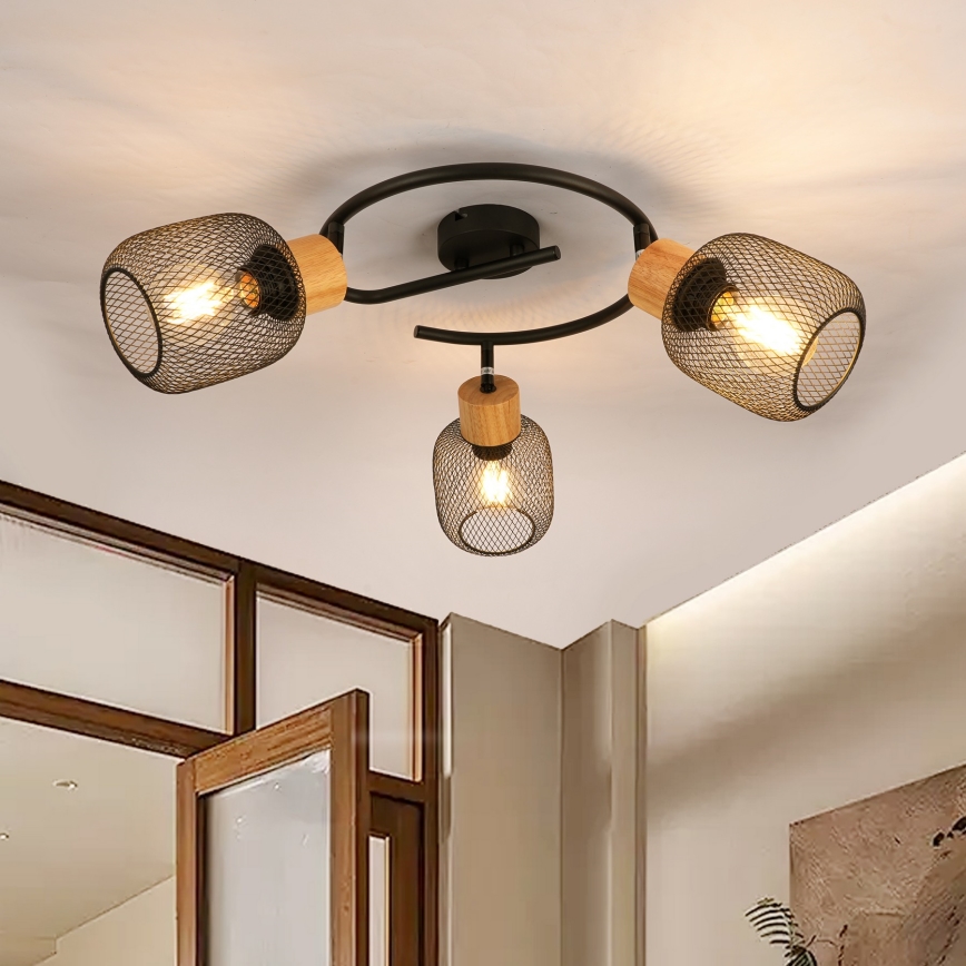 Brilagi - Lámpara de focos BASKLITE 3xE27/15W/230V madera de hevea/negra