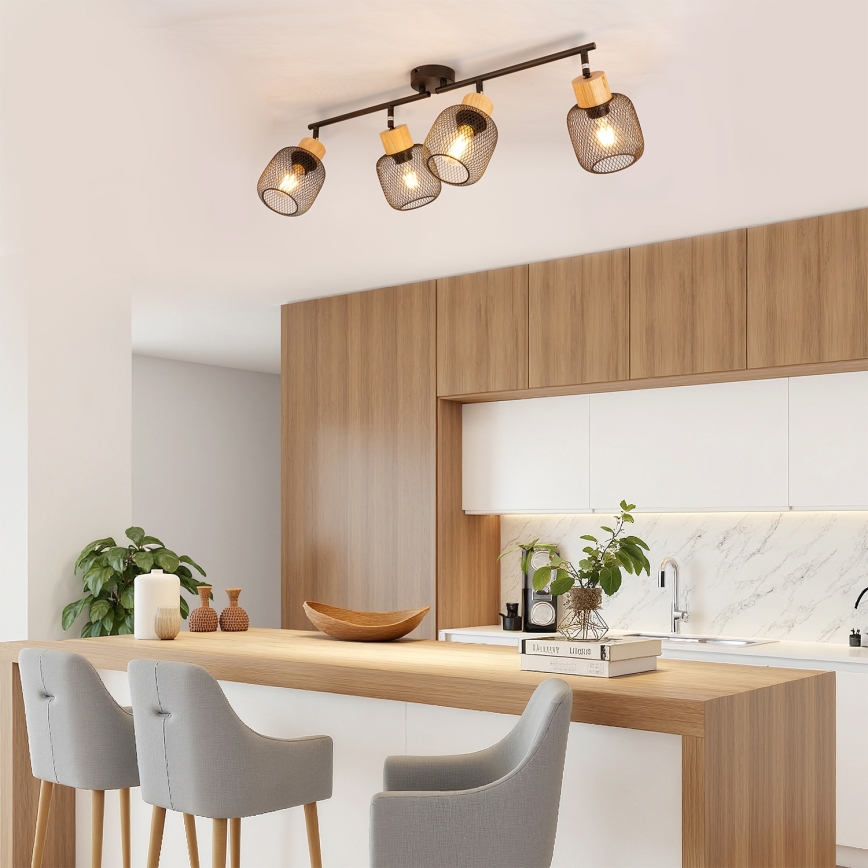 Brilagi - Lámpara de focos BASKLITE 4xE27/15W/230V madera de caucho/negro