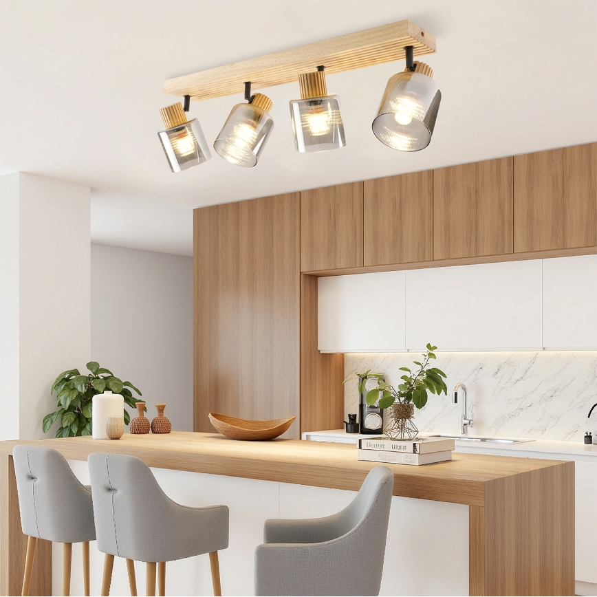 Brilagi - Lámpara de focos HYGGE 4xE14/15W/230V madera de caucho/ahumado