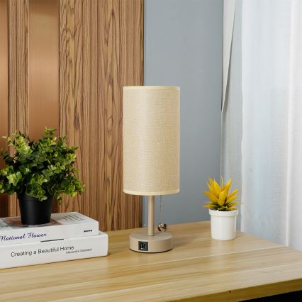 Brilagi - Lámpara de mesa con puerto USB TABLON 1xE27/25W/230V beige