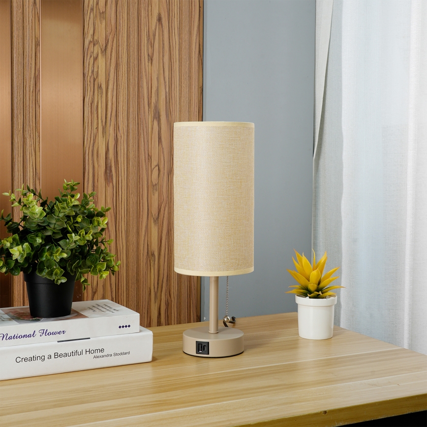 Brilagi - Lámpara de mesa con puerto USB TABLON 1xE27/25W/230V beige