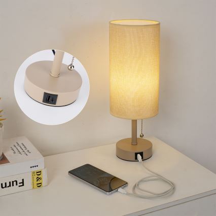 Brilagi - Lámpara de mesa con puerto USB TABLON 1xE27/25W/230V beige
