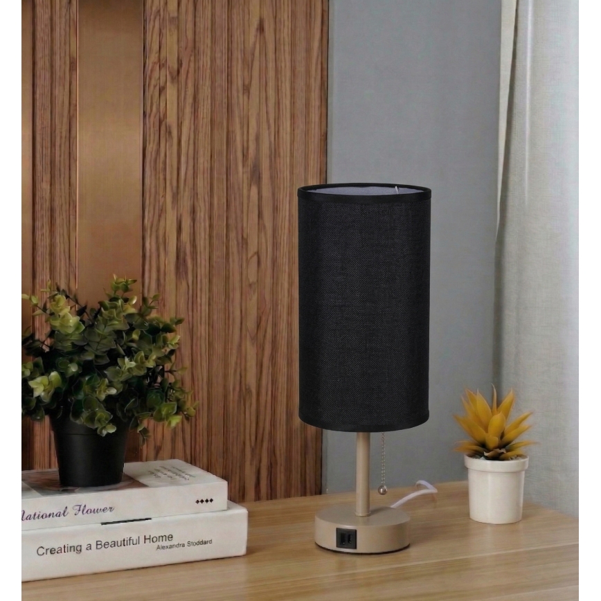 Brilagi - Lámpara de mesa con puerto USB TABLON 1xE27/25W/230V beige/negro