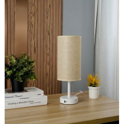 Brilagi - Lámpara de mesa con puerto USB TABLON 1xE27/25W/230V blanco/beige