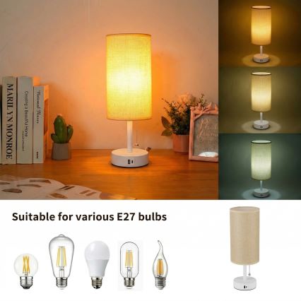 Brilagi - Lámpara de mesa con puerto USB TABLON 1xE27/25W/230V blanco/beige